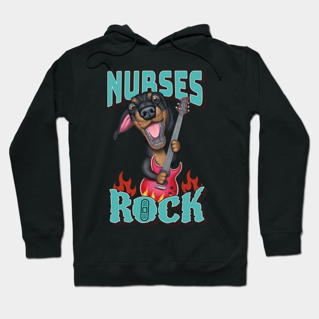 Nurses Rock with dachshund doxie dog and guitar on a tee Hoodie by Danny Gordon Art